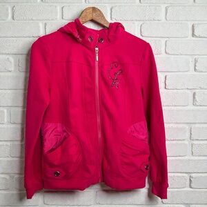 Echo Red Zip-Up Hoodie Jacket • Fuchsia Pink Sweater • Embroidered Detail • Y2K
